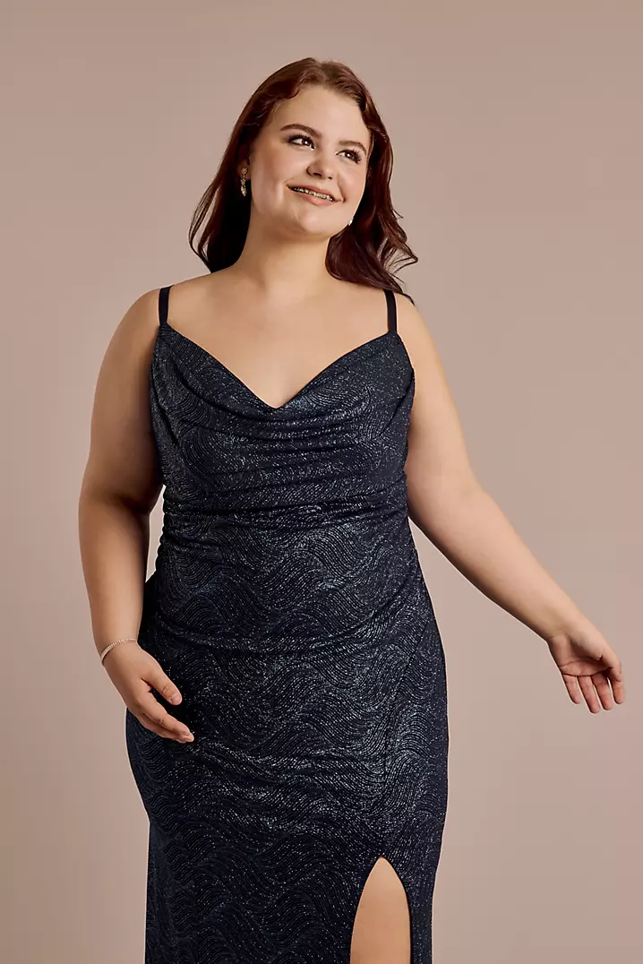 Glitter Cowl Neck Sheath Dress with Skirt Slit | David's Bridal Glitter Cowl Neck Sheath Dress with Skirt Slit | David's Bridal